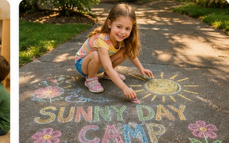 A camper drawing Sunny Day Camp in colorful chalk