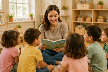 A counselor reading a story to a circle of happy campers
