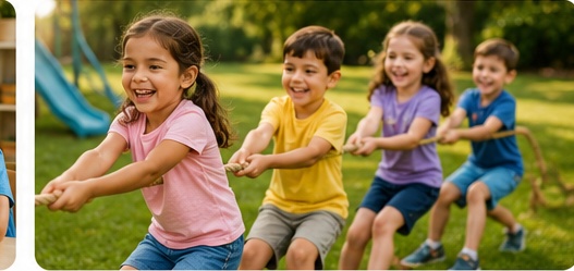Kids playing tug of war together on a sunny summer day