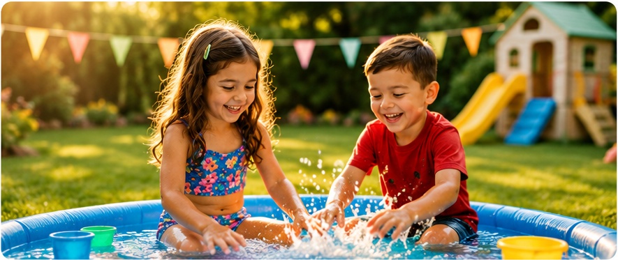 Two children laughing and splashing in a backyard pool on a sunny summer day